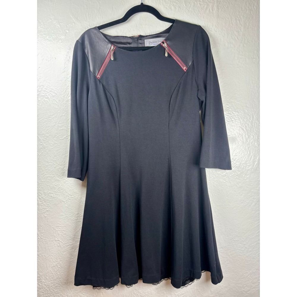 PATRIZIA LUCA MILANO Black Faux Leather Trim Dress Sz L Cocktail Club Goth‎ Edgy